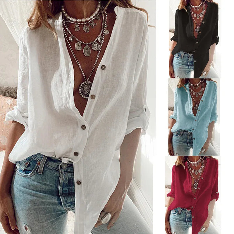 Wjczt S-5XL Oversized Autumn Cotton Linen Shirt Fashion Button Up Women Shirts White Casual Loose Tops Solid Rollable Sleeve Top Blusa Cozy Warm Stylish