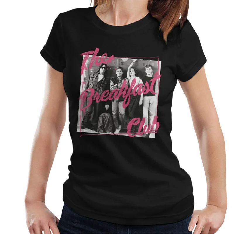 The Breakfast Club Pink Text Characters At Lockers Women's T-Shirt Collared Crew Neck Turtle Neck