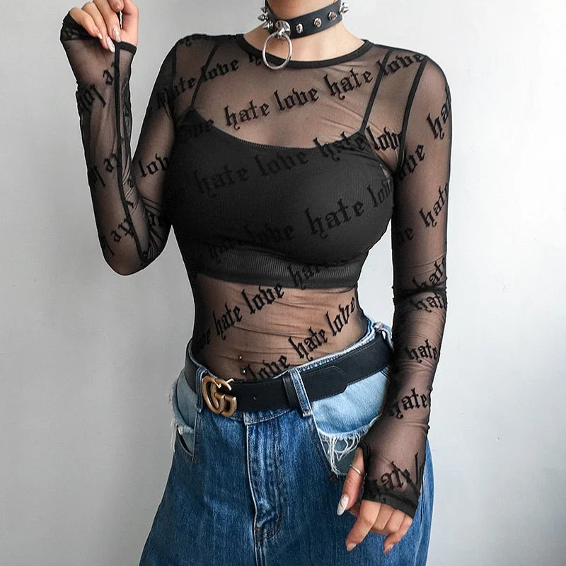 Wjczt Sexy Women Mesh T-Shirts See-Through Perspective Tshirt Letter Printed O Neck Transparent Long Sleeve T Shirt Tops Women Real Fur Shearling Chenille