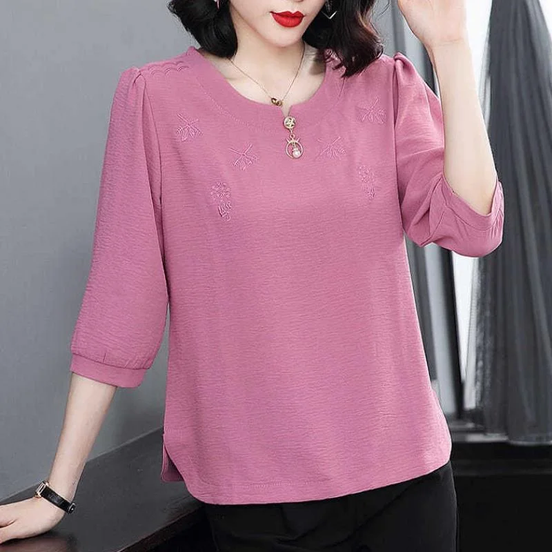 Wjczt Solid half sleeve Beading Chiffon shirt Women Fashion elegant O-neck plus size 4XL loose tee ladies 2021 new green summer tops Boxy Fit Fitted Loose