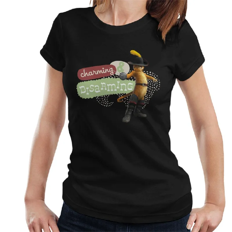 Shrek Puss In Boots Charming And Disarming Women's T-Shirt Zippered Front Buttoned Front Snap Front