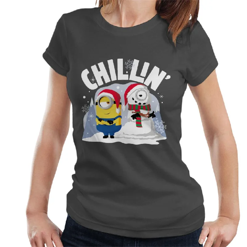 Minions Christmas Snowman Chillin Women's T-Shirt Zippered Buttoned Snapped