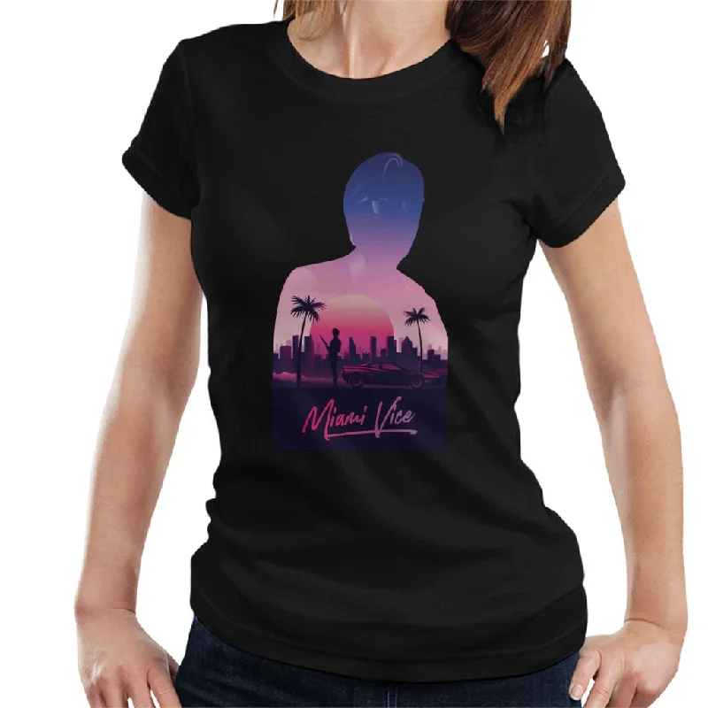 Miami Vice Sunset City Silhouette Women's T-Shirt Beaded Sequined Faux Fur