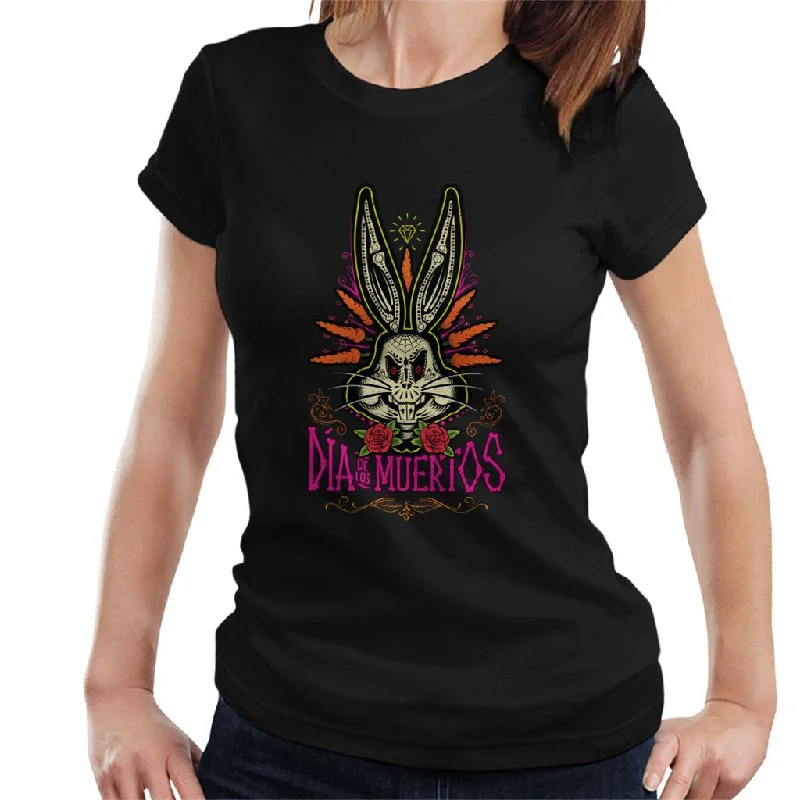 Looney Tunes Halloween Bugs Bunny Dia De Los Muertos Women's T-Shirt Zippered Front Buttoned Front Snap Front