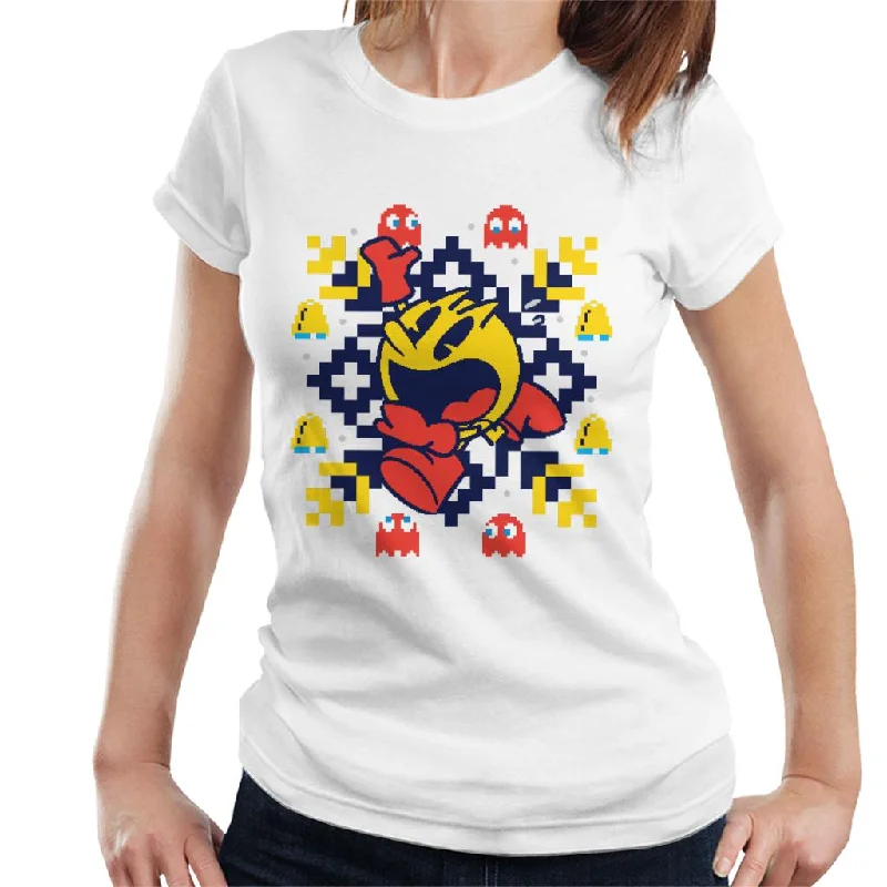 Pac-Man Christmas Snowflakes Running Women's T-Shirt Hooded Caped Shawl Collar