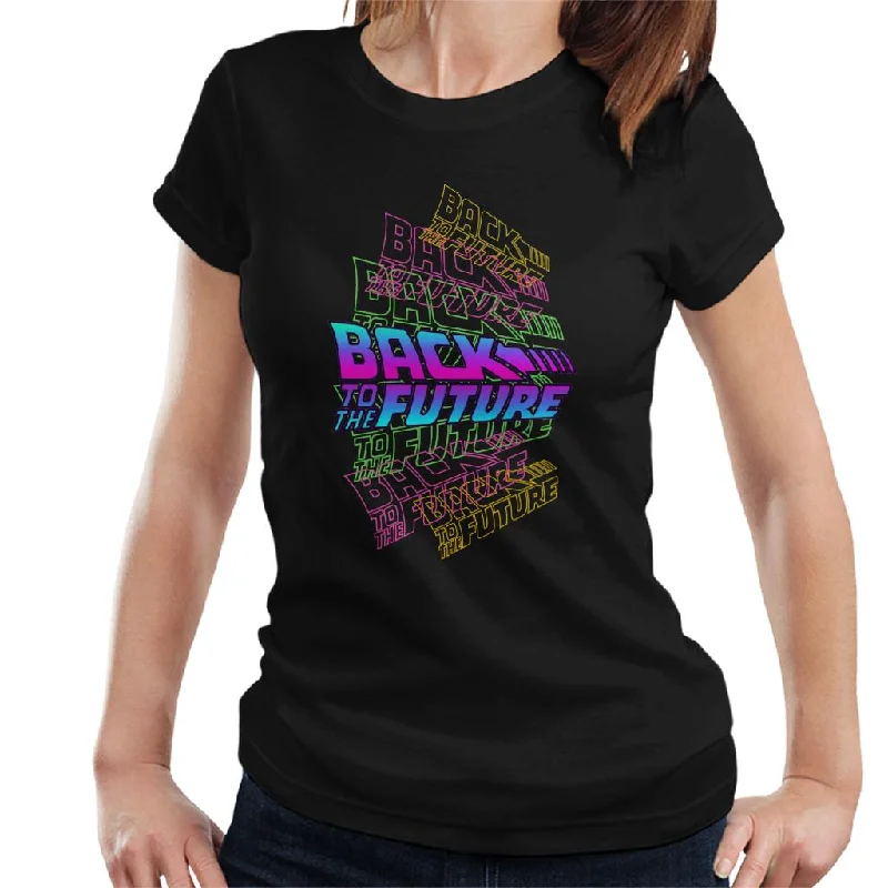 Back To The Future Blue Pink Layered Logo Women's T-Shirt Solid Print Embellished