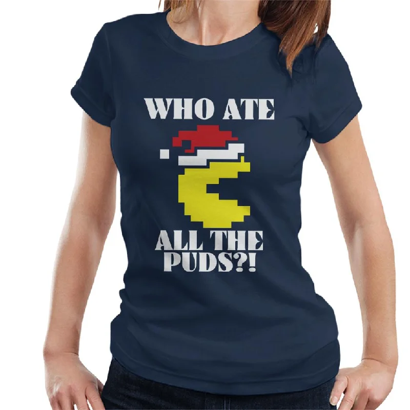 Pac-Man Christmas Who Ate All The Puds Women's T-Shirt Notch Collar Peter Pan Collar Cowl Neck