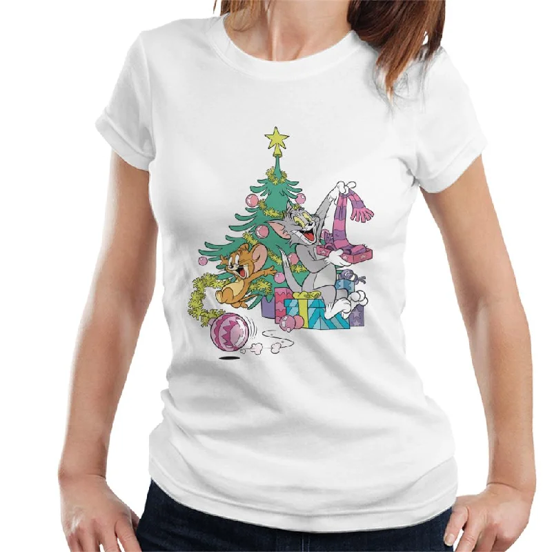 Tom and Jerry Christmas Festive Morning Women's T-Shirt Handmade Hand-knitted Hand-woven