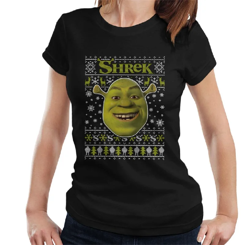 Shrek Christmas Festive Snowflakes Women's T-Shirt Zippered Buttoned Snapped