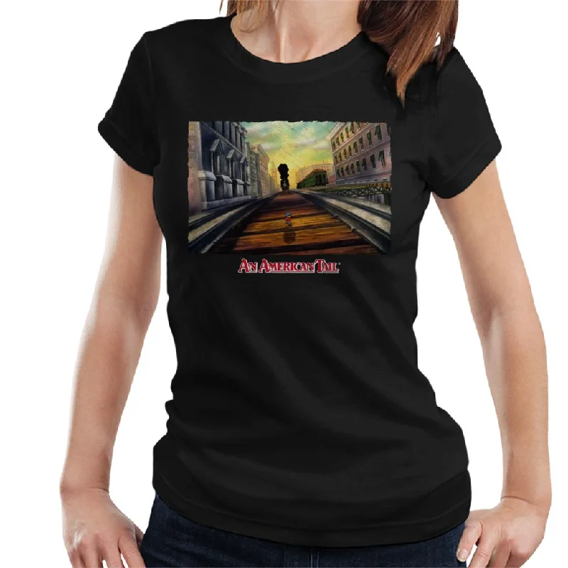 An American Tail Fievel Mousekewitz Walking On Train Track Women's T-Shirt Polka Dot Checkered Tartan