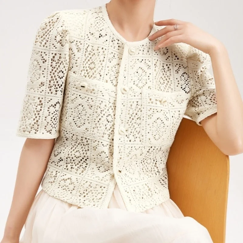 Wjczt Shirt Women Lace Solid Minimalist Hollow Out Popular Leisure All-match Female Temperament Female Tender Korean Style Summer New Front Pockets Side Pockets Patch Pockets