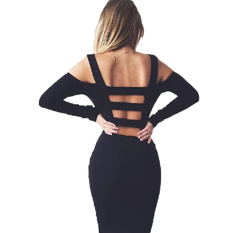 Black White Solid Long Sleeve Bandage Party Dress Hollow Out Off The Shoulder Backless Midi Bodycon Women Dresses Tunics Stylish modern