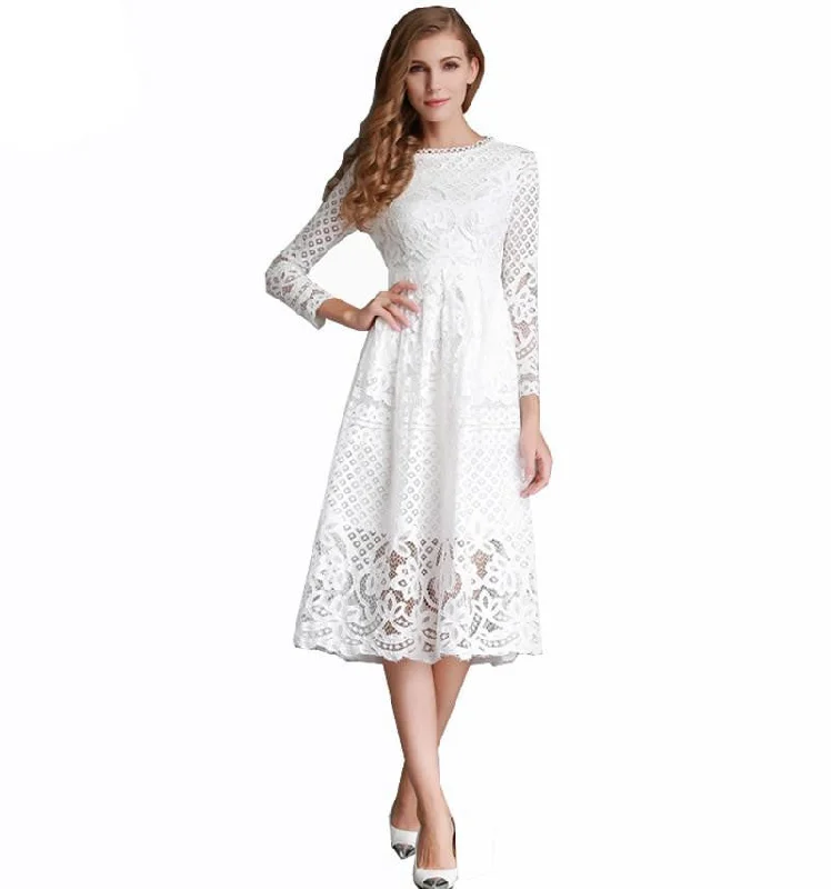 Women White Lace Hollow Out Long Dresses Femme Casual Clothing Women's Slim Party Dress Tunics Evening elegant