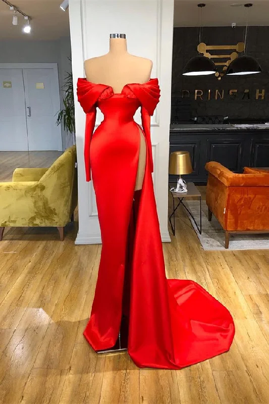 Sexy Red Long Sleeves Mermaid Evening Prom Dresses Off-the-Shoulder With Slit