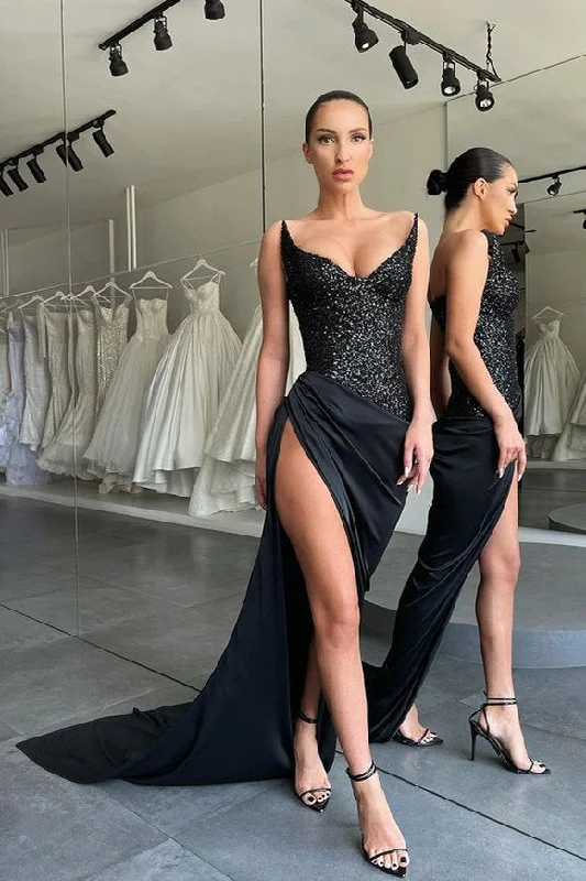 Unique Black special Strapless High-split Lace-up Sequined Evening Prom Dresses