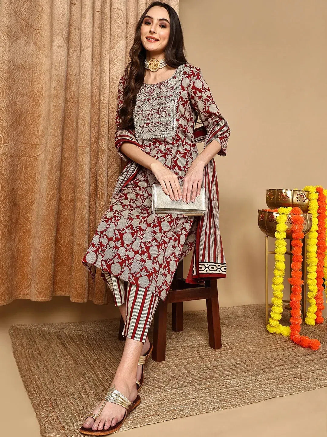 Ahika Women Maroon Cotton Blend Embroidered Straight Kurta Pant Set-VKSKD2191_XS Fashionable Sporty Pants