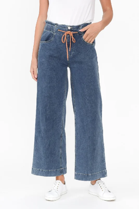 Halifax Dark Blue Denim Wide Leg Pants Trendy Palazzo Pants