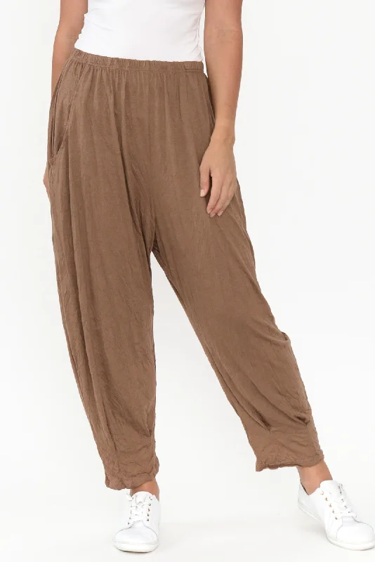 Rylee Brown Crinkle Cotton Pants Relaxed Fit Trousers