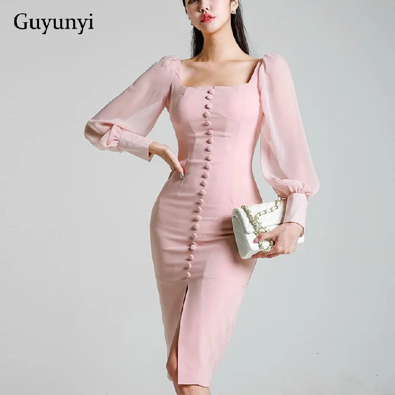 Temperament office dress square collar single-breasted chiffon stitching long-sleeved bag hip slim dress 2019 spring party dress Tunics Top rated