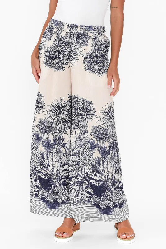 Carson Navy Jungle Ruched Pants Relaxed Linen Pants