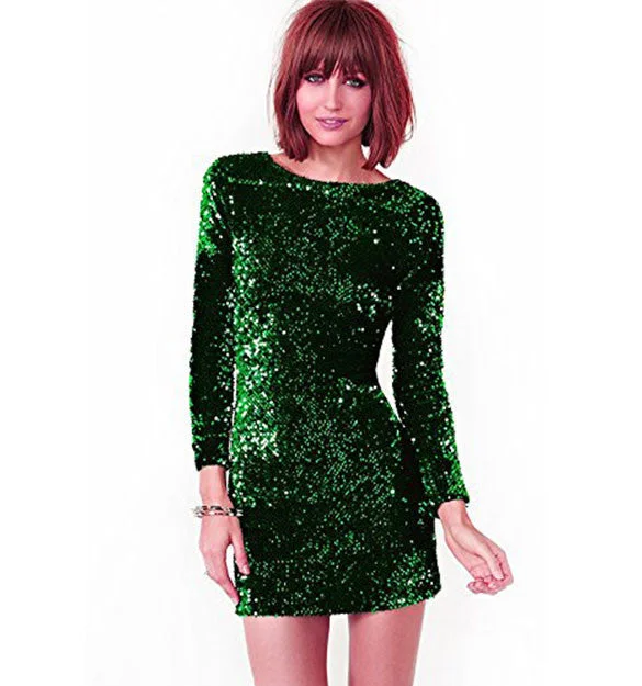 Autumn Winter Sequined Dress Women 2017 Special Occasion Bodycon Dress Party Dresses Long Sleeve Mini Dress Green Vestidos empire Waist empire