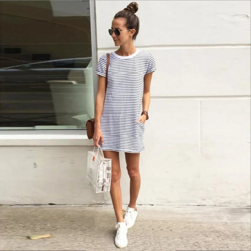 Fashion Women Dress Striped Printed Mini Party Dresses For Girls Summer Cotton Short Sleeve Casual Lady Dress Vestidos Tunics Trousers formal