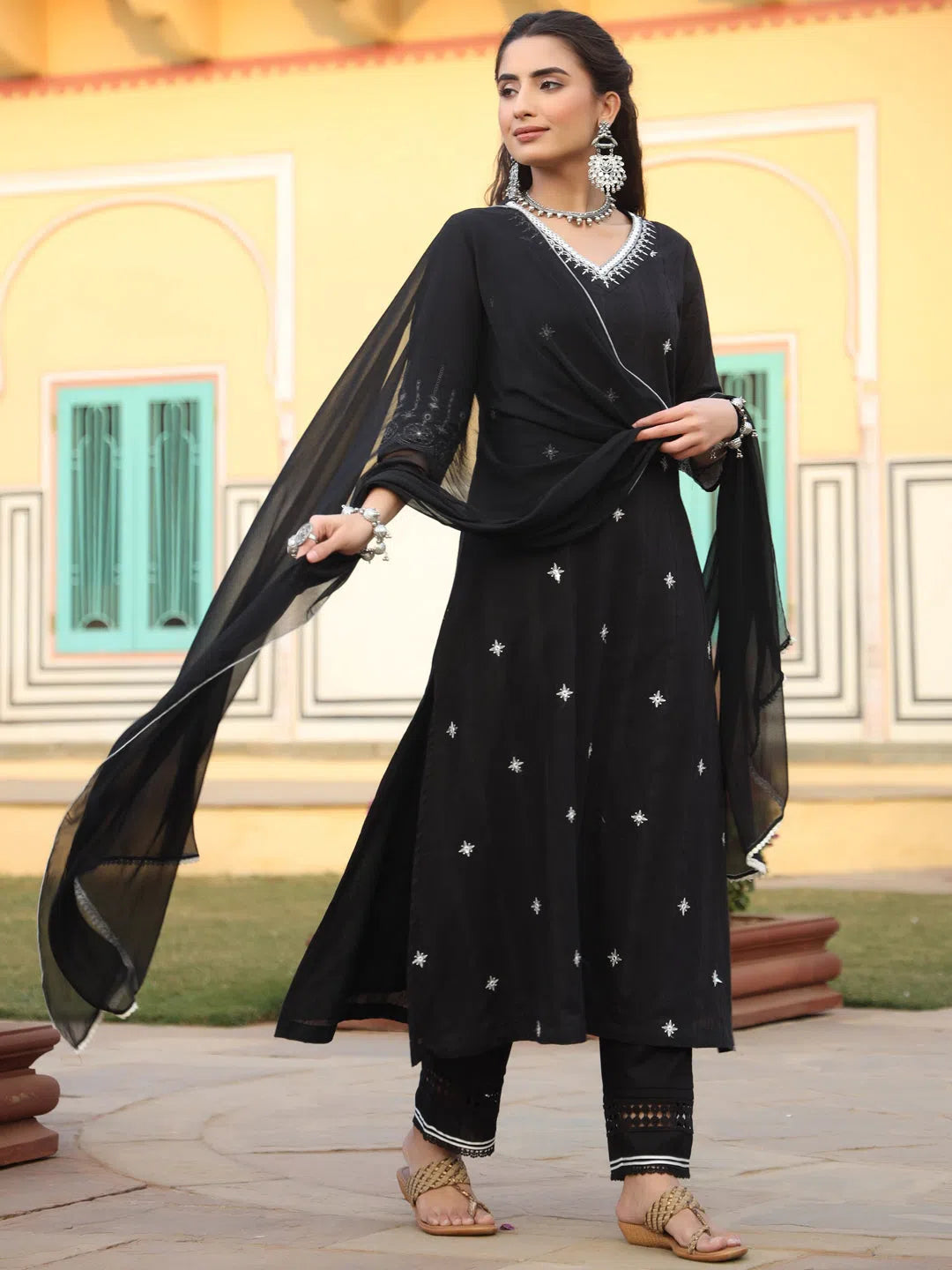 Juniper Women Black Cotton Dobby Embroidered A-Line Kurta, Pant & Dupatta Set. Comfortable Denim Leggings