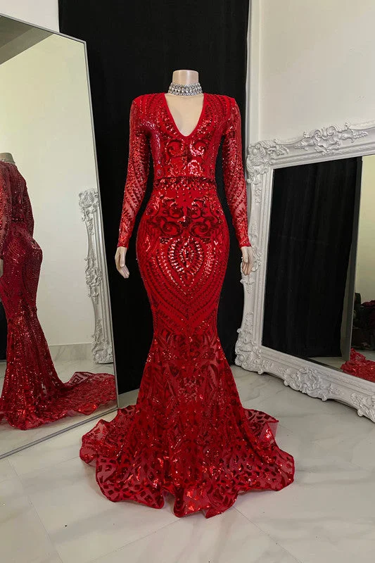Beautiful V-neck Mermaid Prom Dress With Long Sleeves