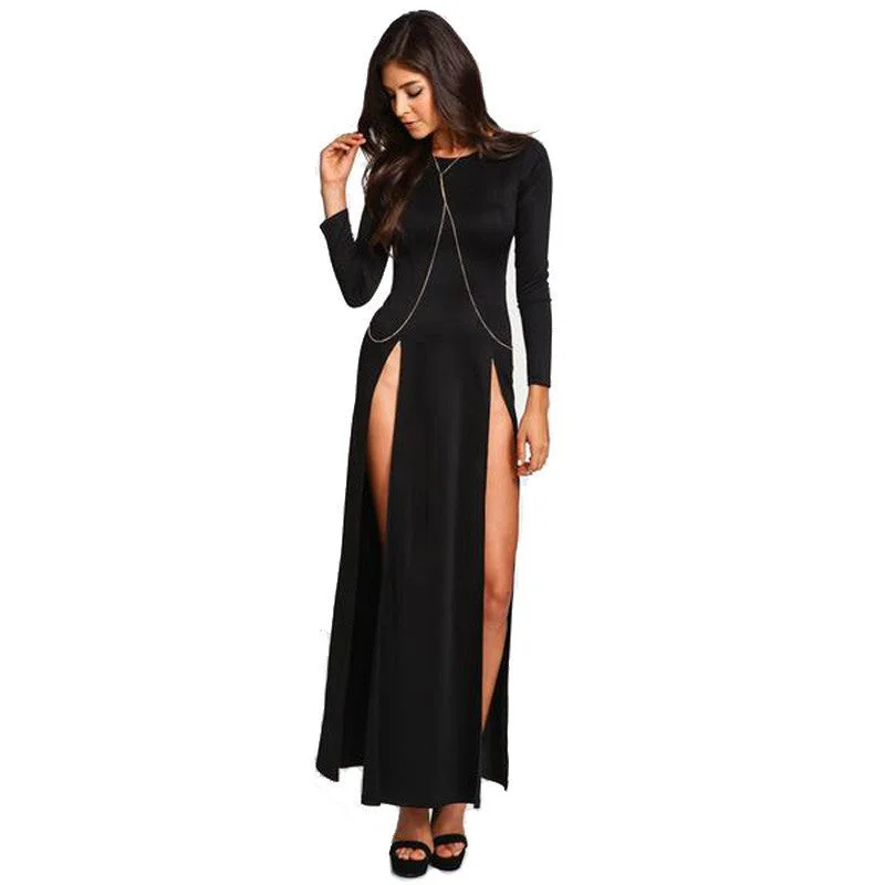 2016 Women Dress Club High Split Dress Long Sleeve Black Double High Slit Slim Maxi Party Dress Fashion Dress NC-465 Tunics Silk luxurious