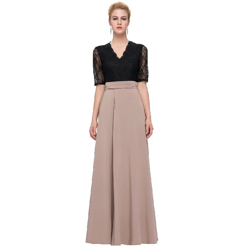 Floor Length Maxi Dress V-Neck Black Lace Women Long Dresses Half Sleeve Splicing High Split Party Dresses Tunics Summer linen