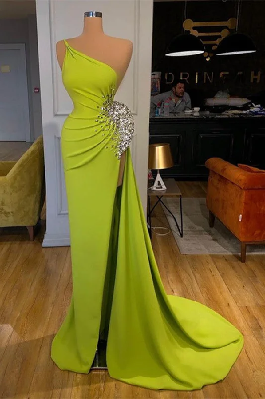 Yellow Green One Shoulder Mermaid Evening Prom Dresses Slit Long Online With Beads