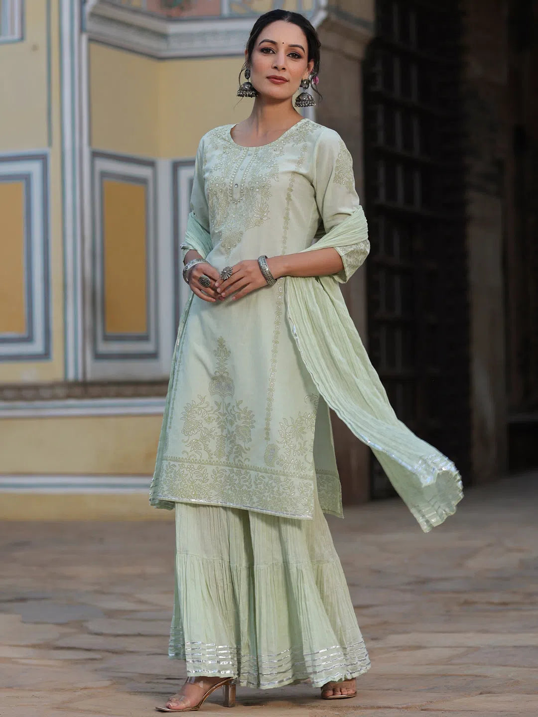 Juniper Women Pista Green Cotton Cambric Aari Printed Kurta, Pants & Dupatta Set. Slim Fit Casual Pants