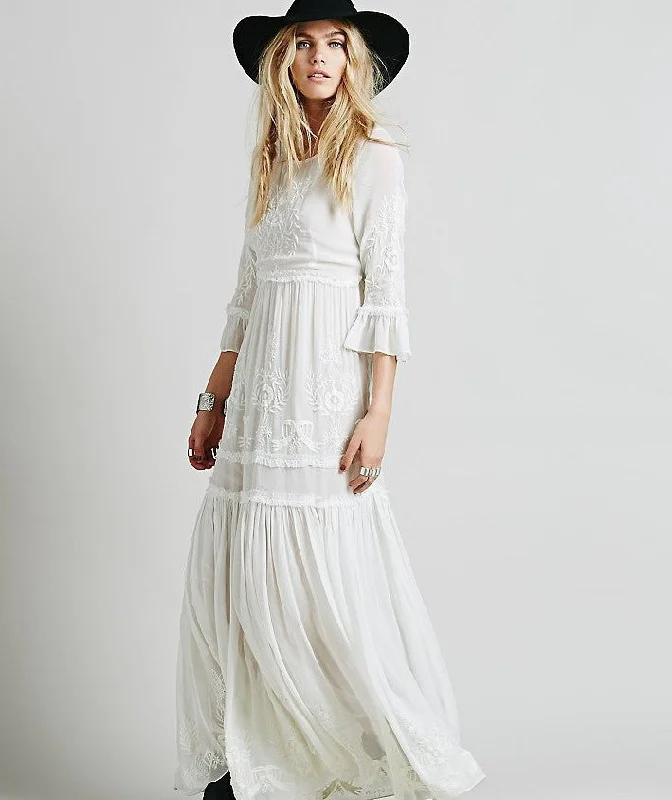 Bohemia embroidery maxi dress women's white ruffles elegant sweet long loose dress fashion party dresses Lace Sexy Club