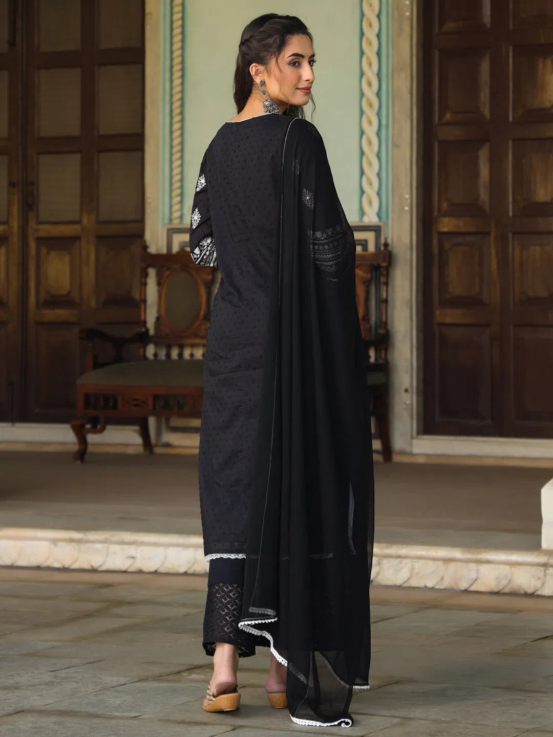 Juniper Women Black Cotton Dobby Embroidered Kurta, Pant & Dupatta Set.-3083SBLACK-S Elegant High-Waist Pants