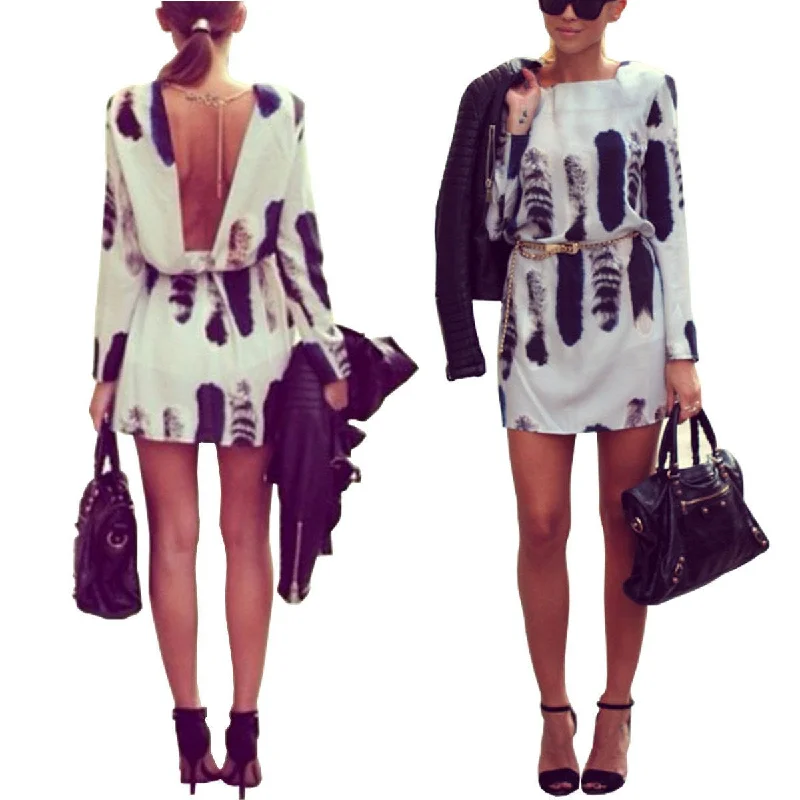 Open Deep V Neck Backless Short Mini Dress Cat Tail Print Vestidos Long Sleeve Summer Women Halter Party Dresses Tunics Vintage classic