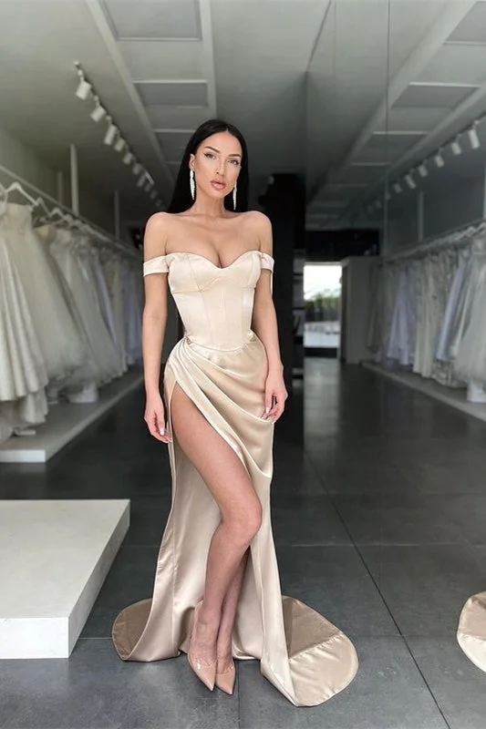Chic Off-the-Shoulder Mermaid Evening Prom Dresses Long With Slit
