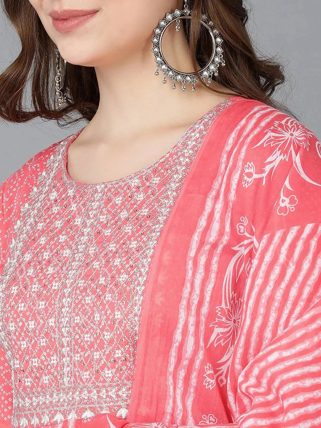 Ahika Women Peach Rayon Embroidered Anarkali Kurta Pant Set With Dupatta Formal Stretch Pants