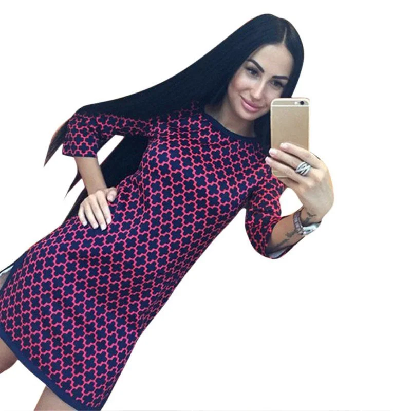 Elegant Women Autumn Dress Vintage Cross Plaid Print neck 3/4 Long Sleeve Party Dresses Casual Straight Loose Dress Yo Tunics Practical easy-care