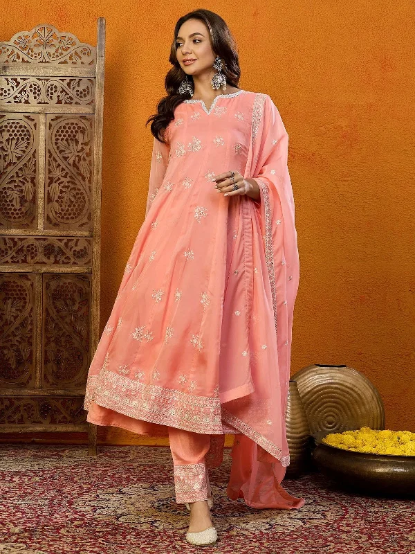 Ahika Women Blue Organza Embroidered Anarkali Kurta Pant Set With Dupatta Fashionable Tapered Leg Pants