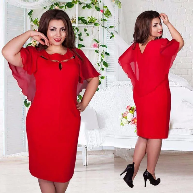 Vintage Women Hollow Out Cape Red Black Blue Party Dress Short Sleeve Clubwear Beach Dresses Large Size Vestidos Crew Neckline Casual