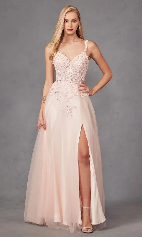 A-line V-neck lace embroidery and floor length Prom dress