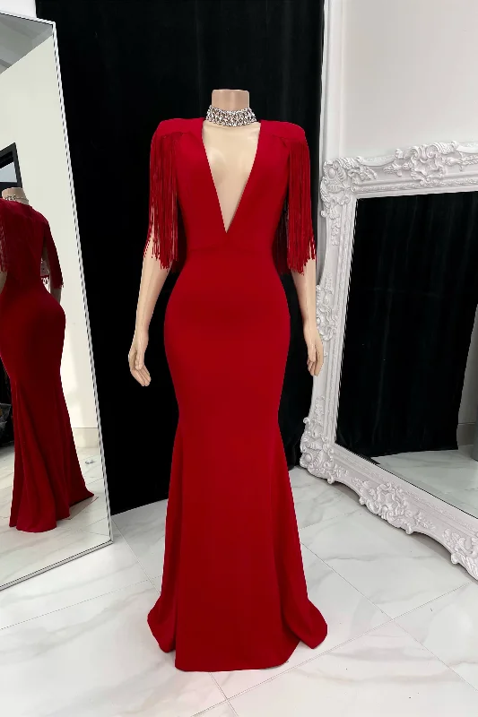Elegant Sleeveless V-neck Mermaid Prom Dress With Tassels