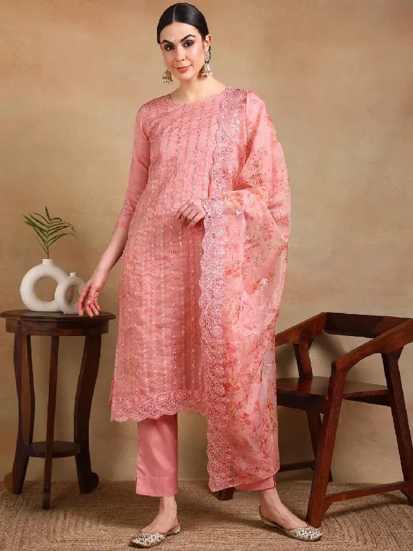 Ahika Women Peach Organza Embroidered Straight Kurta Pant Set With Dupatta Cozy Full-Length Pants