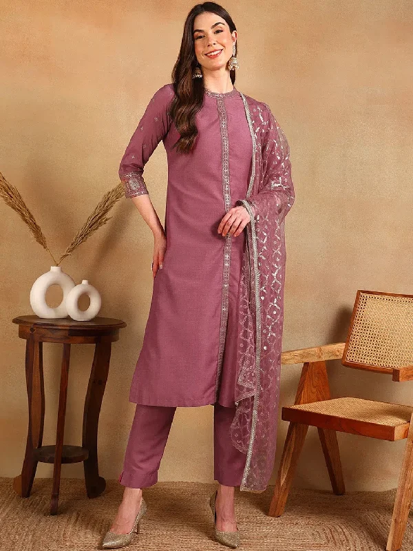 Ahika Women Pink Silk Blend Embroidered Straight Kurta Pant Set With Dupatta-PKSKD2371_S Comfortable Denim Leggings