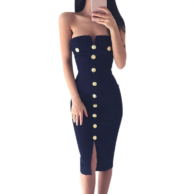 Summer Women Club Dress Fashion Ladies Strapless Buttons Bodycon Pencil Evening Party Dress vestidos femininos Tunics Favorite customer