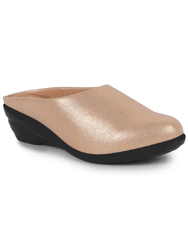Women Rose Gold Shimmery Platform Wedge Heel Back Open Slip On Shoes for Party|Formal Dress Ballerina|Lightweight All Day Formal Shoes Tunics Evening elegant