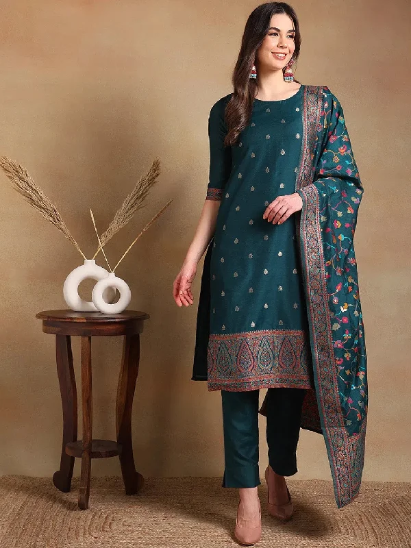Ahika Women Teal Poly Chanderi Woven Design Straight Kurta Pant Set With Dupatta Comfy High-Waist Jeans