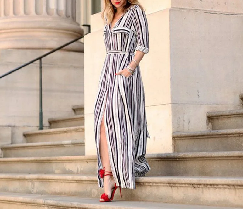 Black And White Striped Maxi Shirt Dress Long Elegant Maxi Party Dresses High Split Maxi Tie Waist Tunic Dress Tunics Travel practical