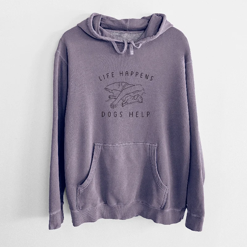 Life Happens Dogs Help - Dachshund - Unisex Pigment Dyed Hoodie Hoodie with Stripes Bold Sporty