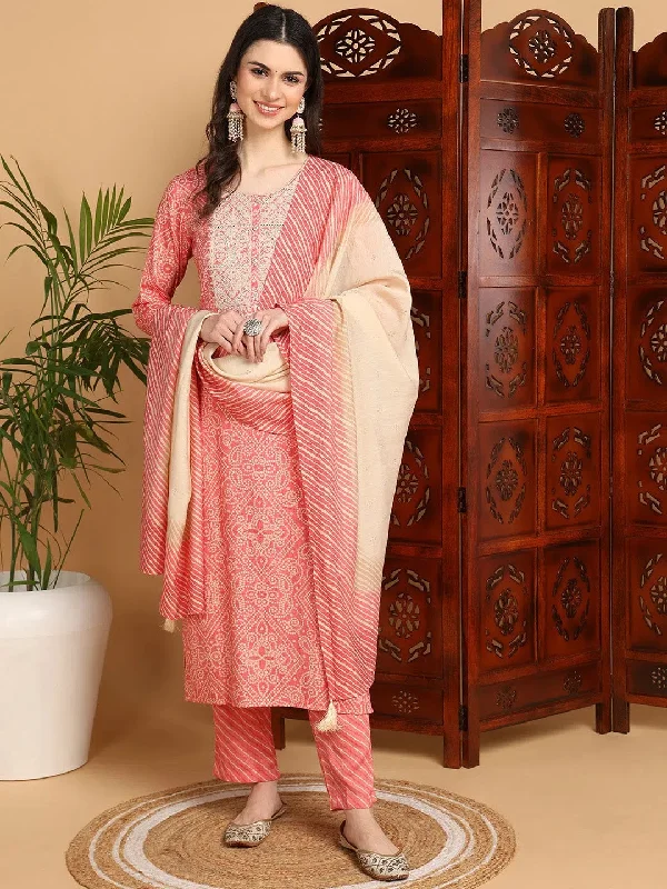 Ahika Women Peach Viscose Rayon Printed Straight Kurta Pant Set With Dupatta Formal Wide-Leg Pants